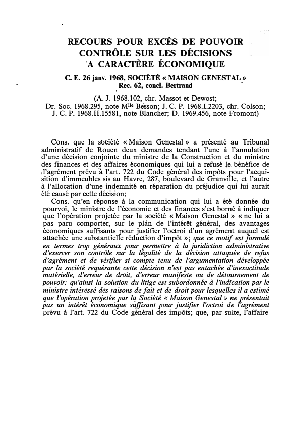 Prévisualisation du document C.E. 26 janv. 1968, SOCIÉTÉ « MAISON GENESTAL» Rec. 62, concl. Bertrand
