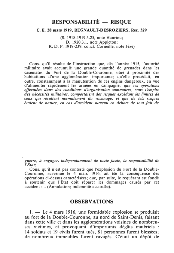 Prévisualisation du document C.E. 28 mars 1919, REGNAULT-DESROZIERS, Rec. 329