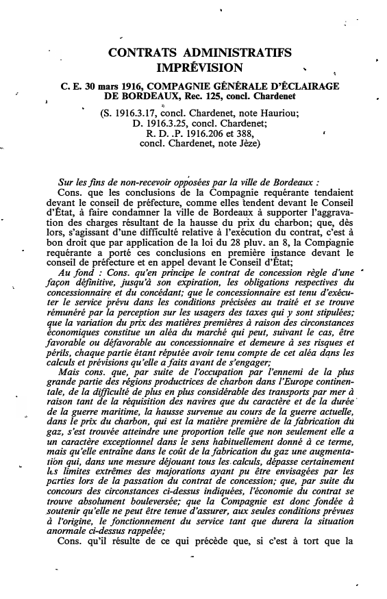 Prévisualisation du document C.E. 30 mars 1916, COMPAGNIE GÉNÉRALE D'ÉCLAIRA-GE DE BORDEAUX, Rec. 125, concl. Chardenet