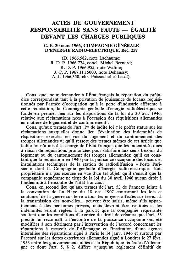 Prévisualisation du document C.E. 30 mars 1966, COMPAGNIE GÉNÉRALE D'ÉNERGIE RADIO-ÉLECTRIQUE, Rec. 257