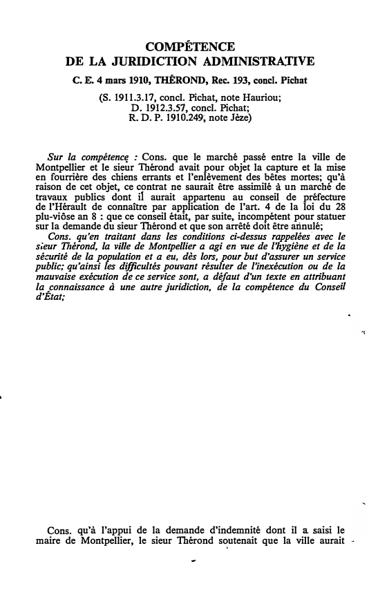Prévisualisation du document C.E. 4 mars 1910, THÉROND, Rec. 193, concl. Pichat