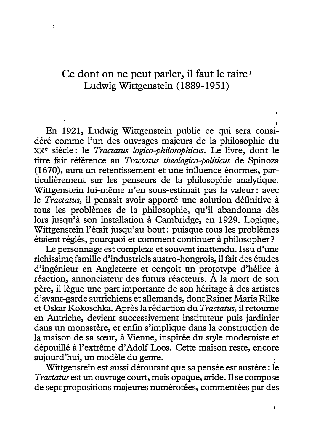 Prévisualisation du document Ce dont on ne peut parler, il faut le taire - Ludwig Wittgenstein (1889-1951)