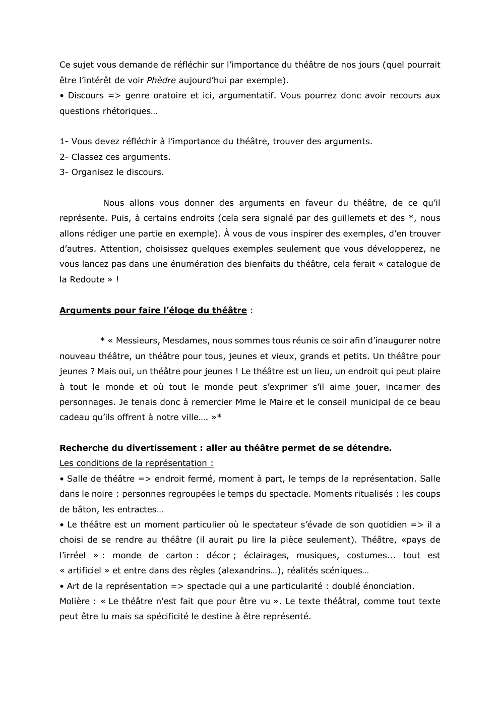 Prévisualisation du document Ce sujet vous demande de réfléchir sur l’importance du théâtre de nos jours (quel pourrait
être l’intérêt de voir Phèdre...