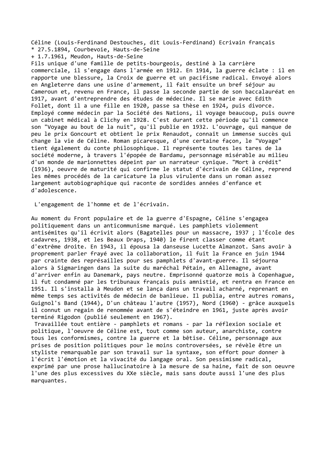 Prévisualisation du document Céline (Louis-Ferdinand Destouches, dit Louis-Ferdinand)