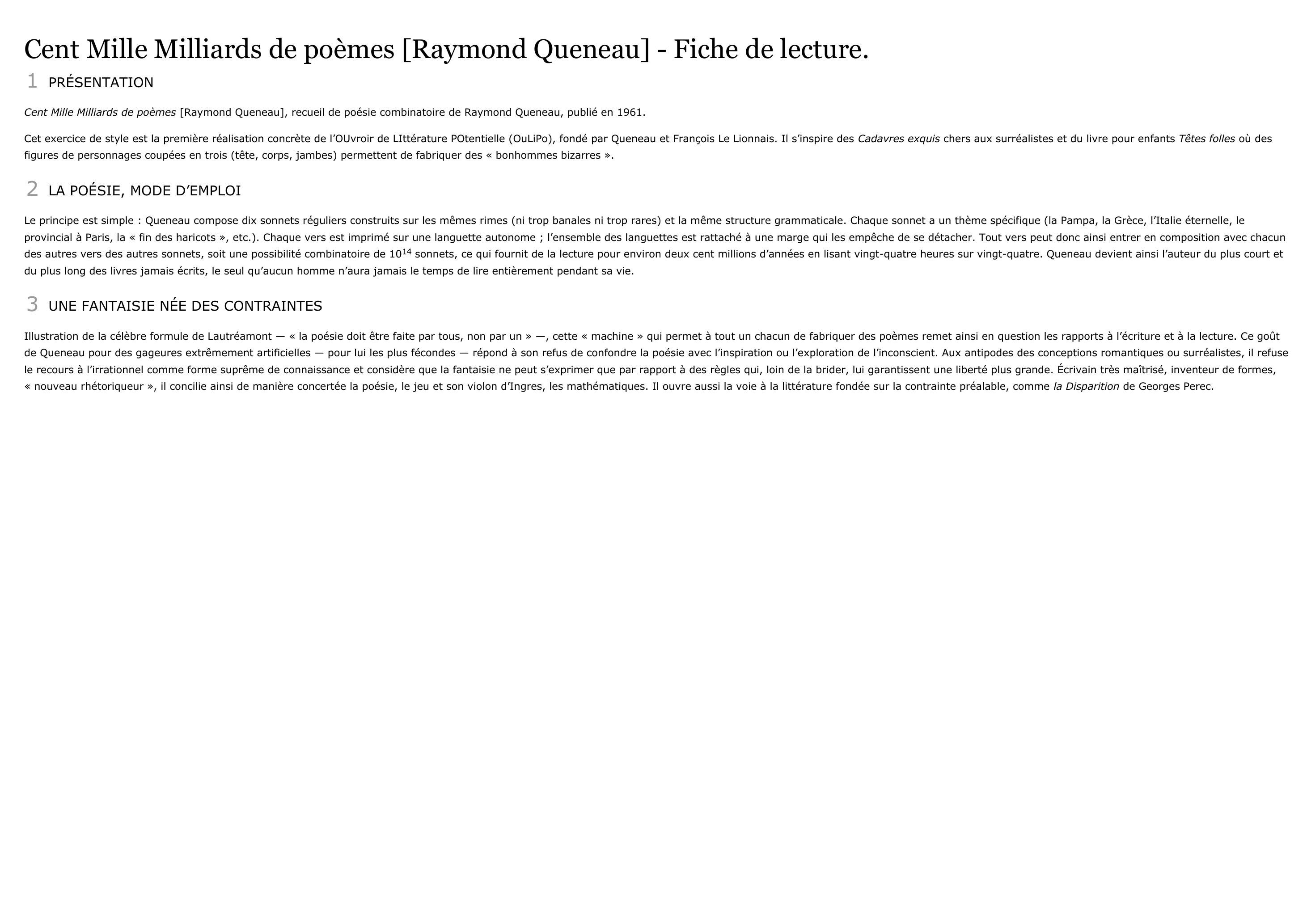 Prévisualisation du document CENT MILLE MILLIARDS DE POÈMES  Raymond Queneau - résumé de l'oeuvre