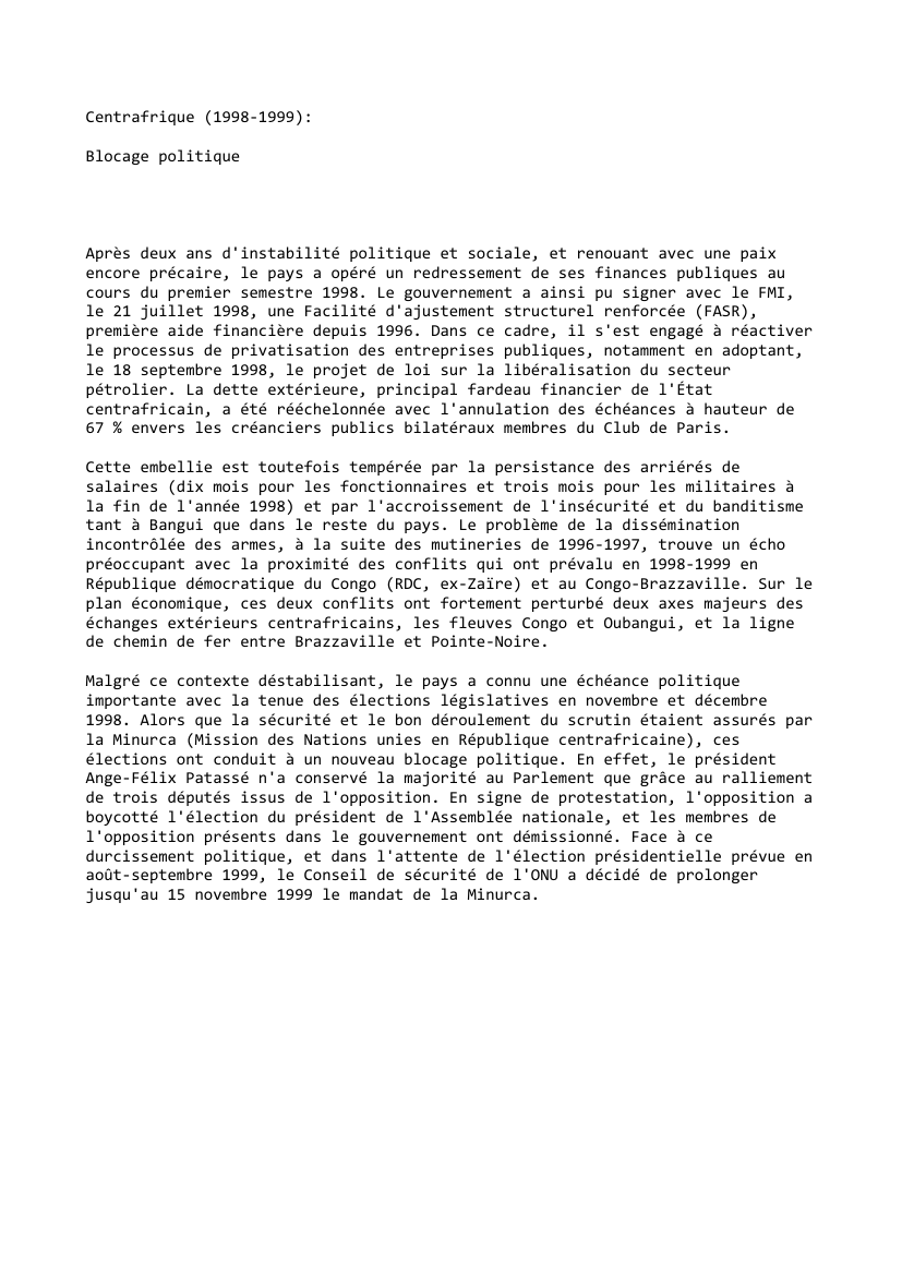 Prévisualisation du document Centrafrique (1998-1999):

Blocage politique