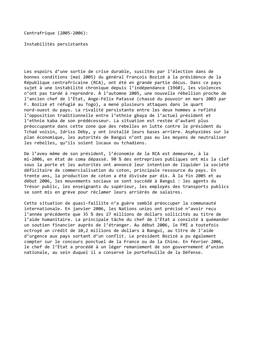 Prévisualisation du document Centrafrique (2005-2006):

Instabilités persistantes