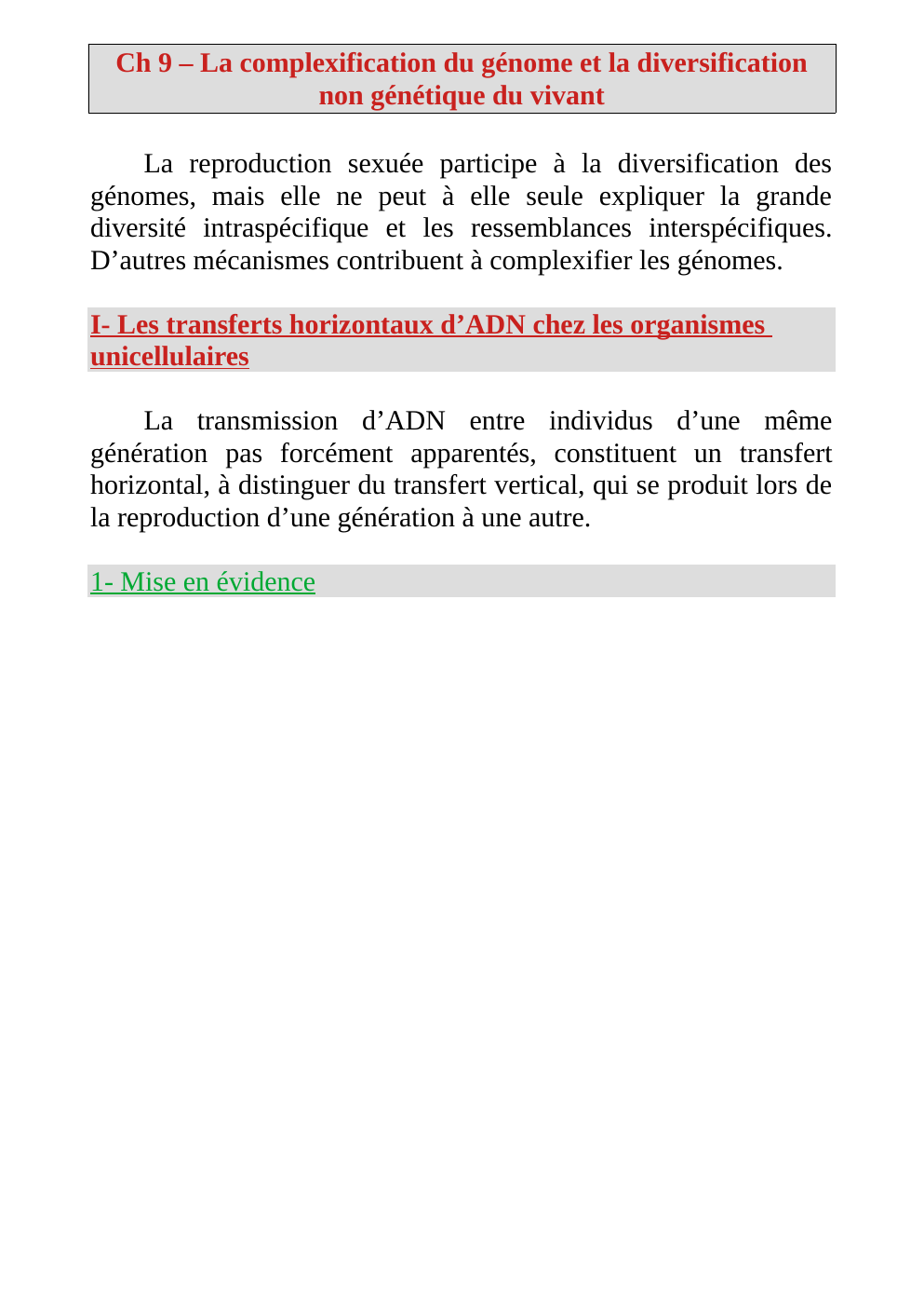 Prévisualisation du document Ch 9 – La complexification du génome et la diversification non génétique du vivant