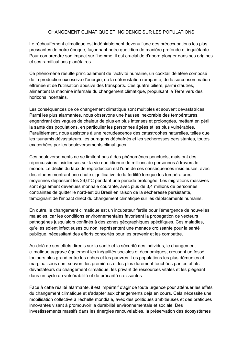 Prévisualisation du document CHANGEMENT CLIMATIQUE ET INCIDENCE SUR LES POPULATIONS