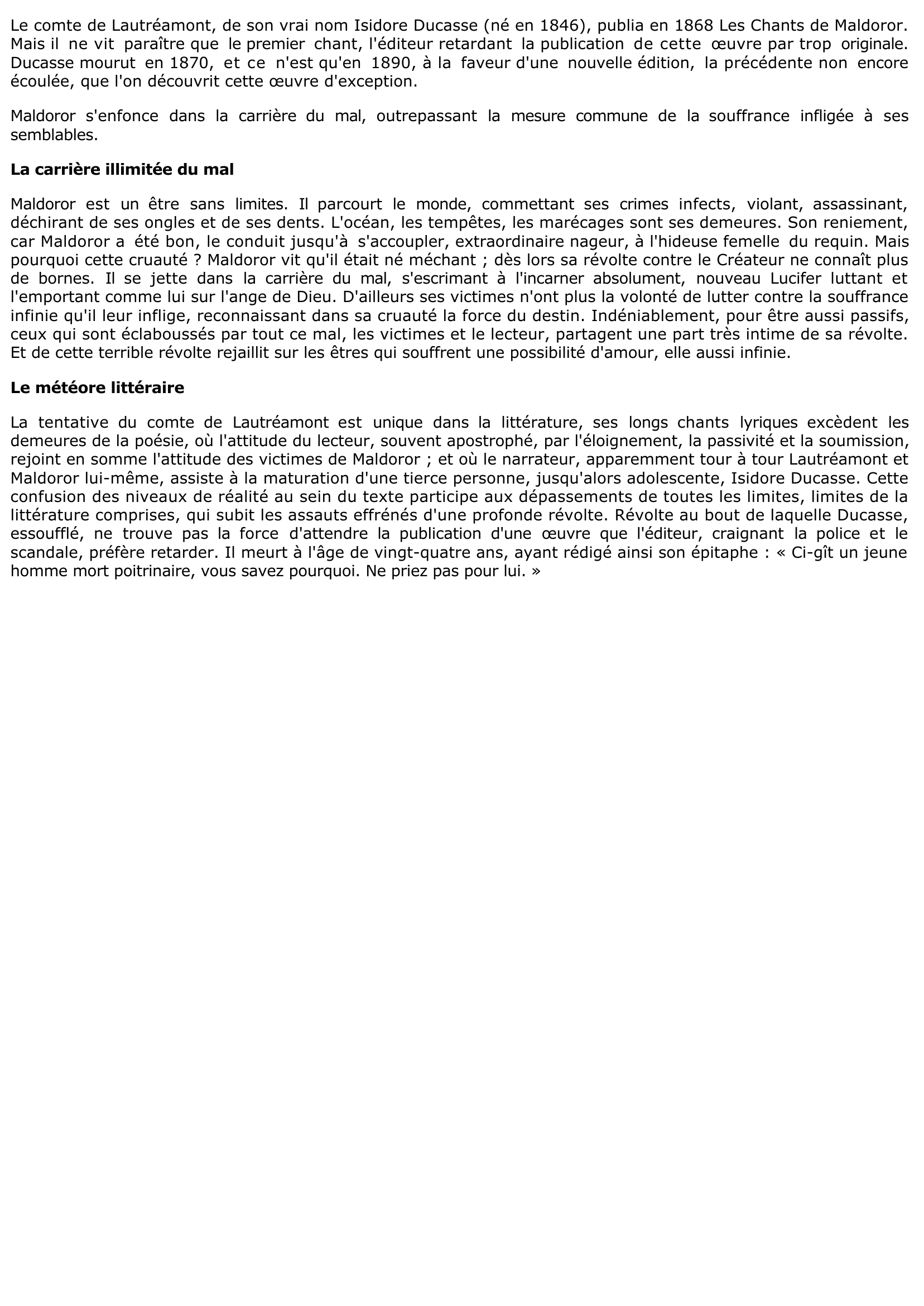 Prévisualisation du document CHANTS DE MALDOROR (Les)  Lautréamont - résumé de l'oeuvre