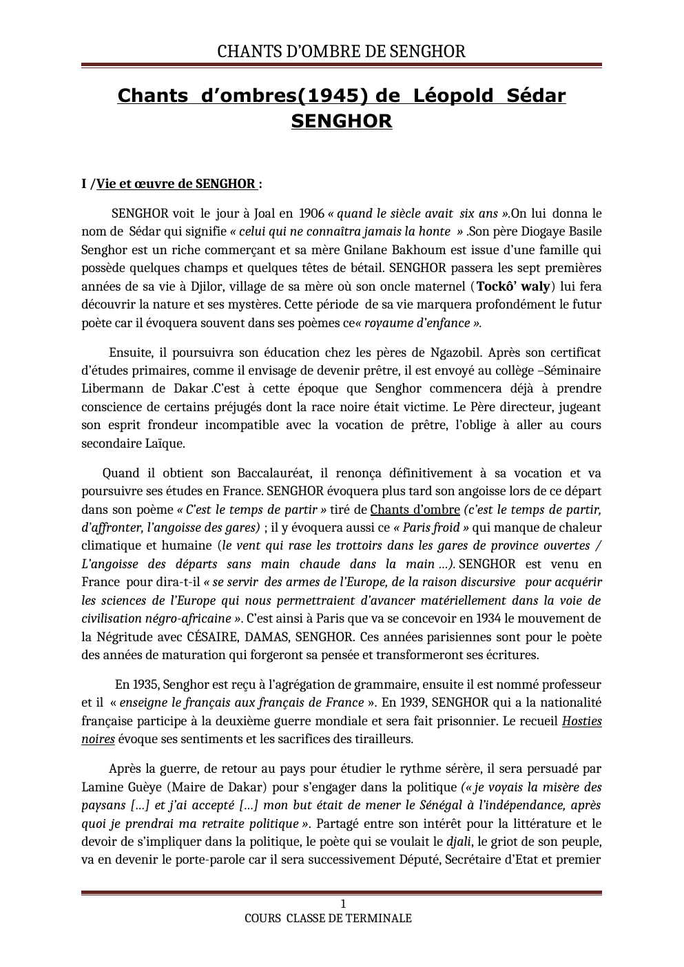 Prévisualisation du document CHANTS D’OMBRE DE SENGHOR Chants d’ombres(1945) de Léopold Sédar SENGHOR