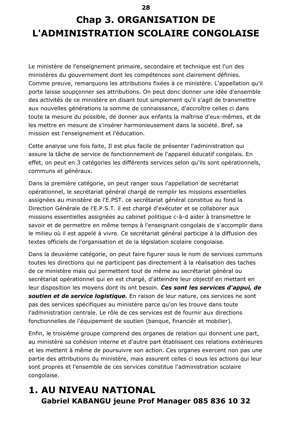 Prévisualisation du document Chap 3. ORGANISATION DE L'ADMINISTRATION SCOLAIRE CONGOLAISE