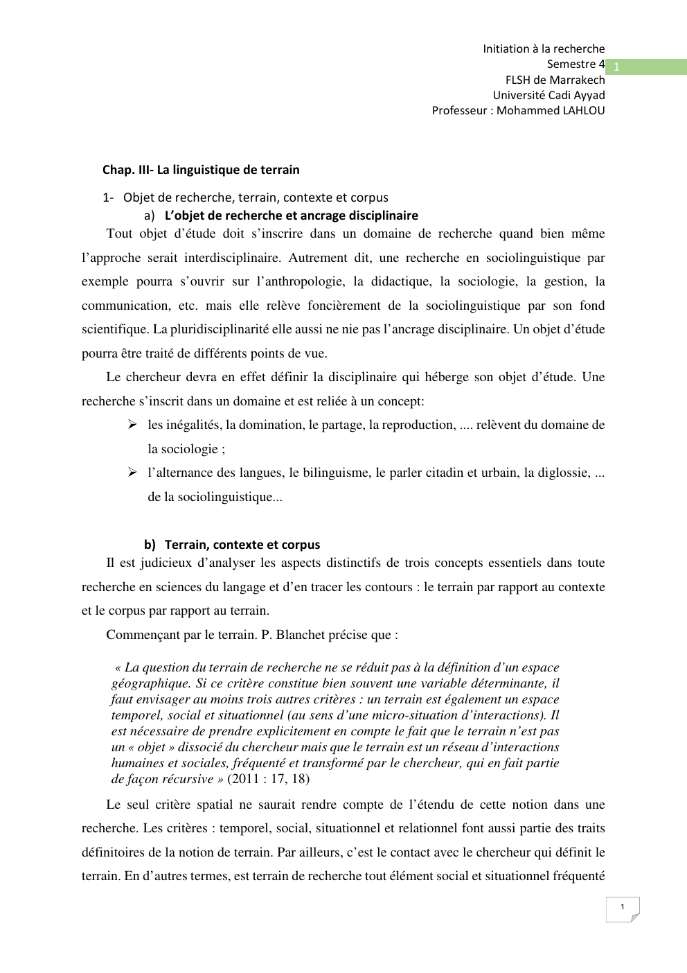 Prévisualisation du document Chap. III- La linguistique de terrain