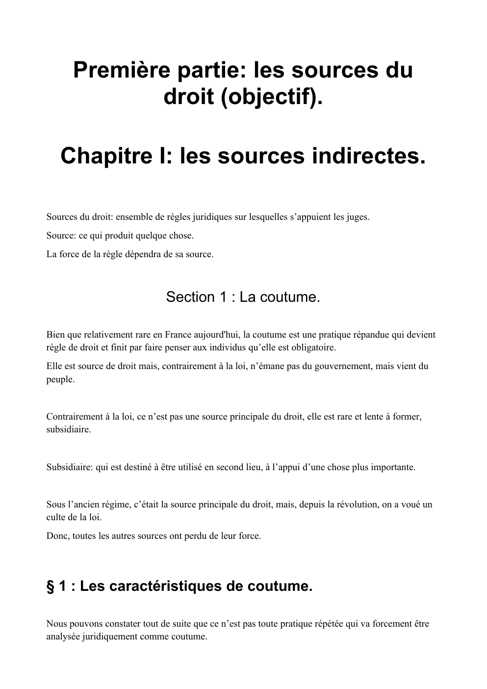 Prévisualisation du document Chapitre 1 Introduction Droit Civil Première partie: les sources du droit (objectif).