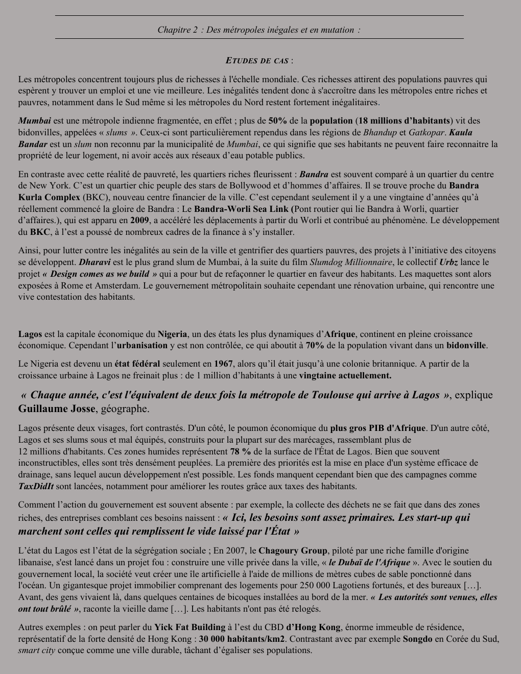 Prévisualisation du document Chapitre 2 : Des métropoles inégales et en mutation, histoire-géo