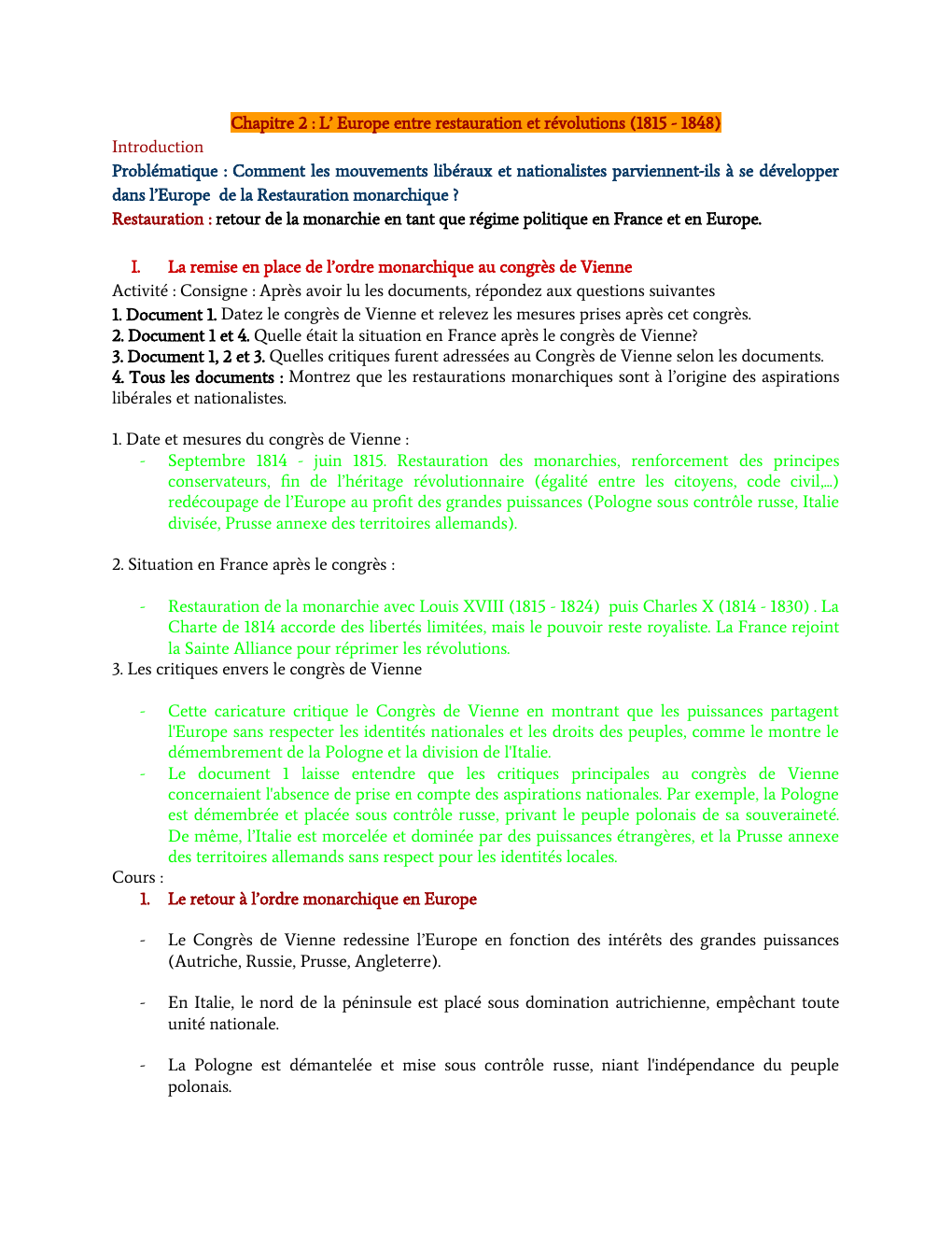 Prévisualisation du document Chapitre 2 : L’ Europe entre restauration et révolutions (1815 - 1848)