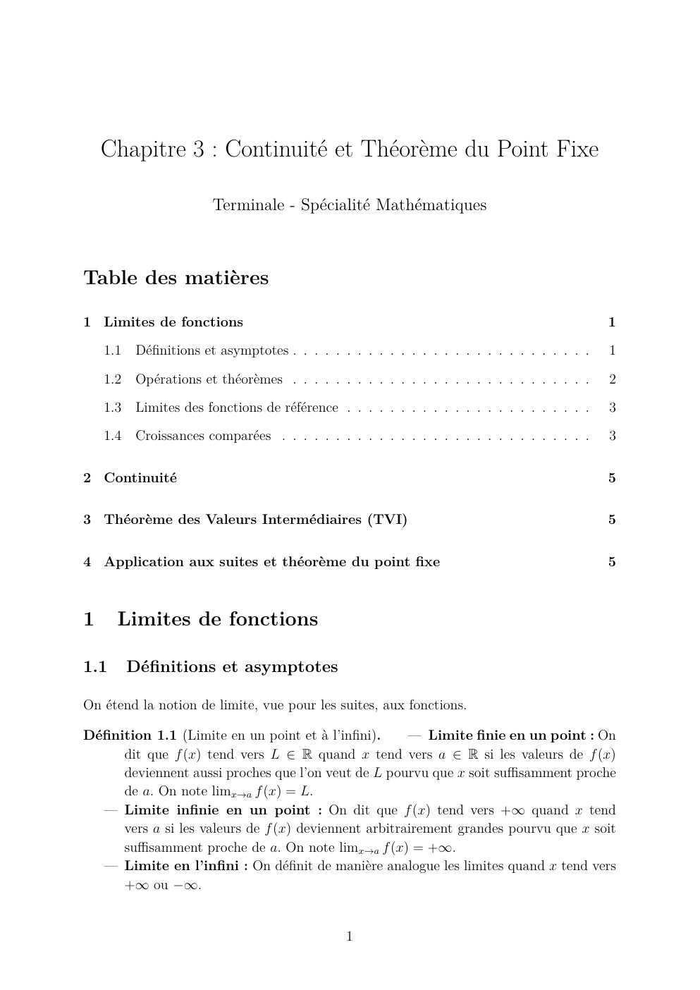 Prévisualisation du document Chapitre 3 : Continuité et Théorème du Point Fixe Terminale - Spécialité Mathématiques