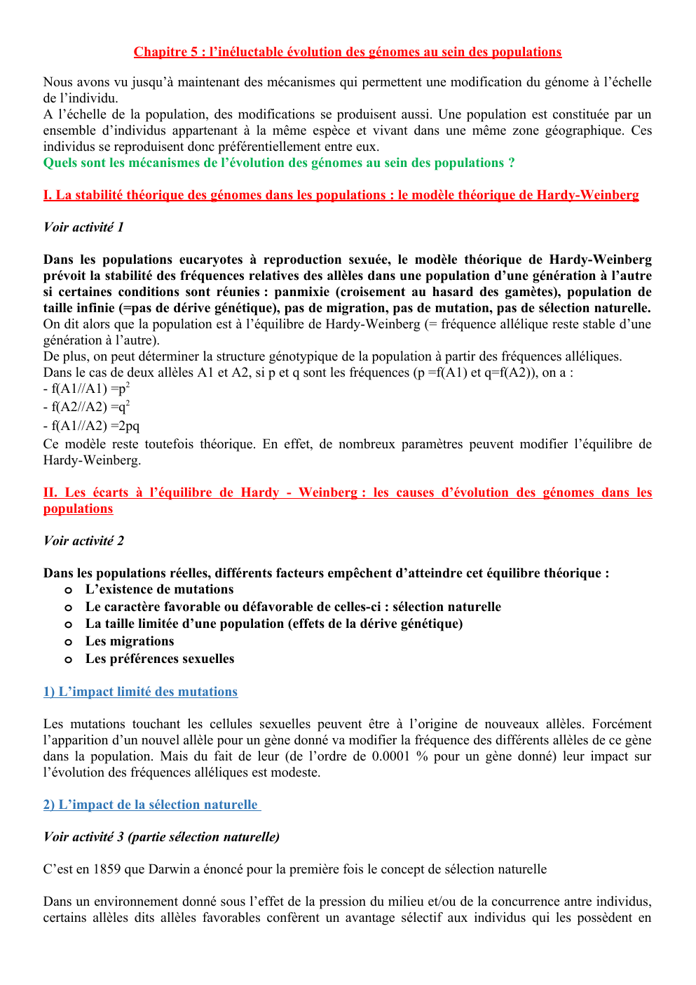 Prévisualisation du document Chapitre 5 : l’inéluctable évolution des génomes au sein des populations