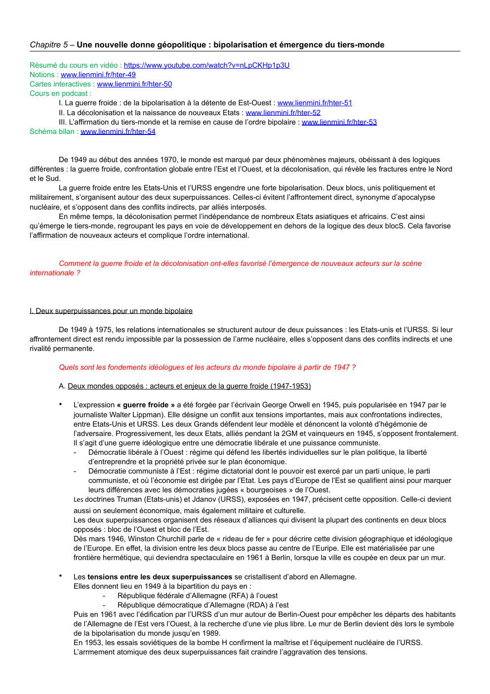 Prévisualisation du document Chapitre 5 – Une nouvelle donne géopolitique : bipolarisation et émergence du tiers-monde