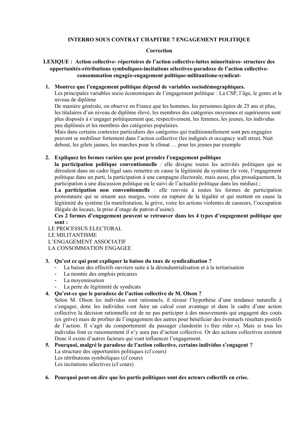 Prévisualisation du document Chapitre 7 SES question de cours corrigé - INTERRO SOUS CONTRAT CHAPITRE 7 ENGAGEMENT POLITIQUE