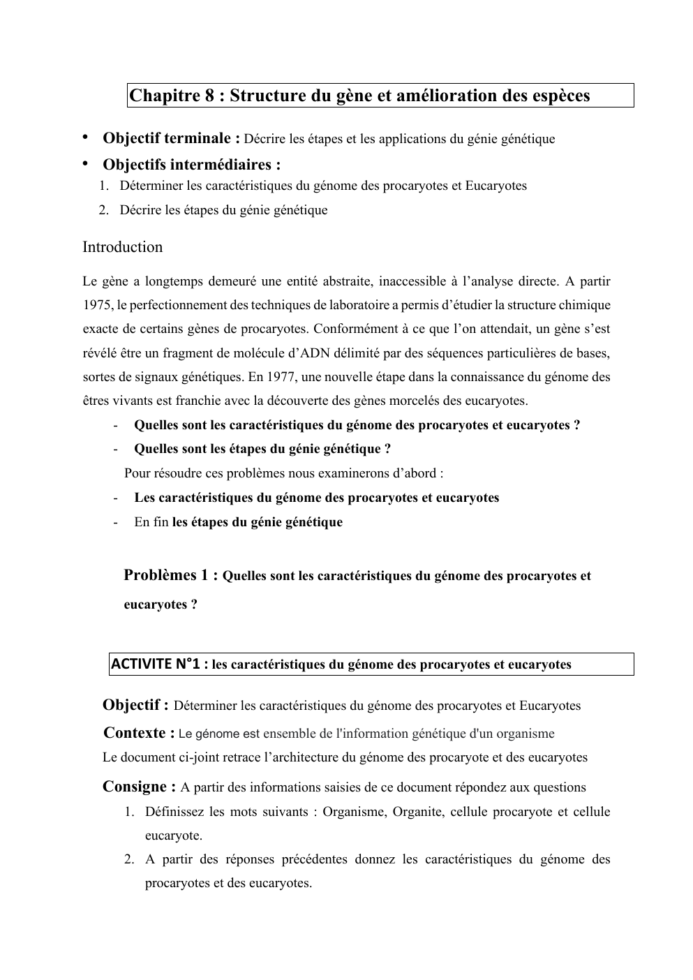 Prévisualisation du document Chapitre 8 : Structure du gène et amélioration des espèces