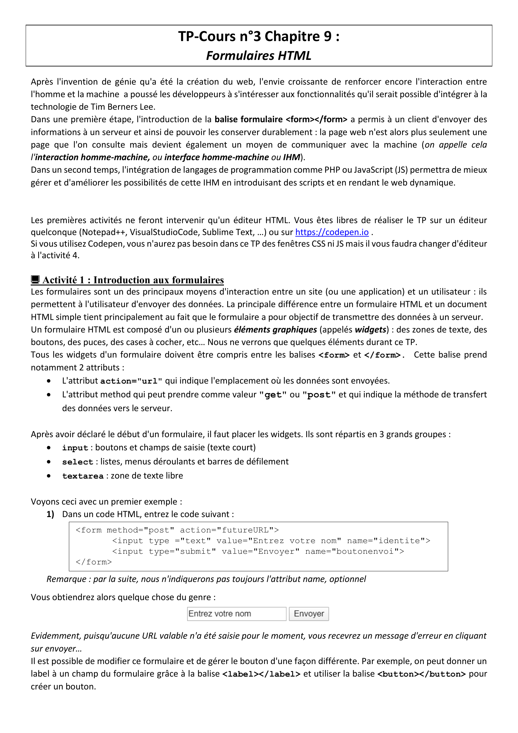 Prévisualisation du document Chapitre 9: Formulaires HTML