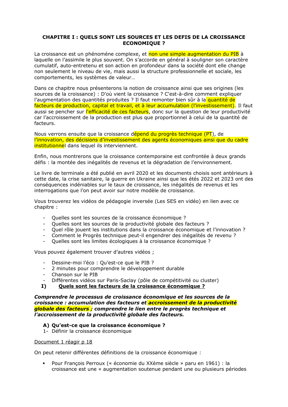 Prévisualisation du document CHAPITRE I : QUELS SONT LES SOURCES ET LES DEFIS DE LA CROISSANCE ECONOMIQUE ?