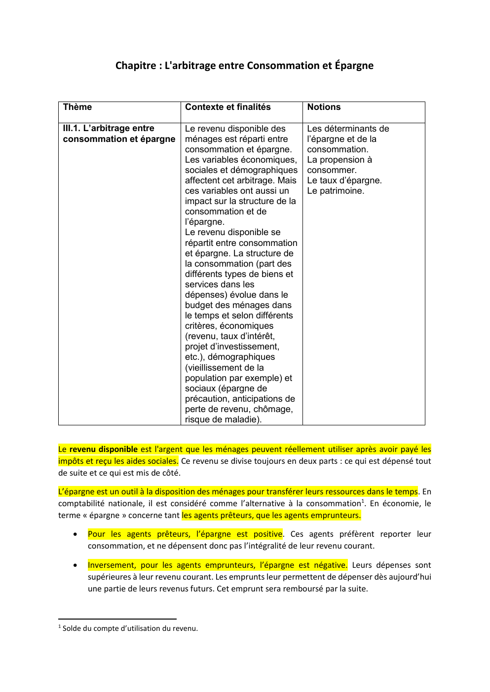 Prévisualisation du document Chapitre : L'arbitrage entre Consommation et Épargne