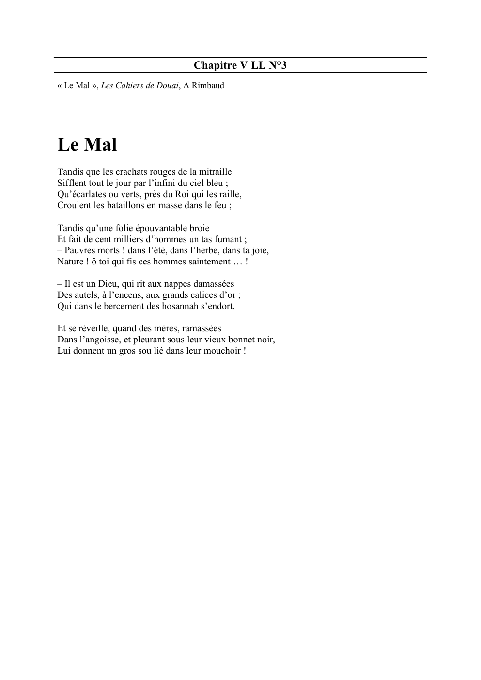 Prévisualisation du document Chapitre V LL N°3 « Le Mal », Les Cahiers de Douai, A Rimbaud