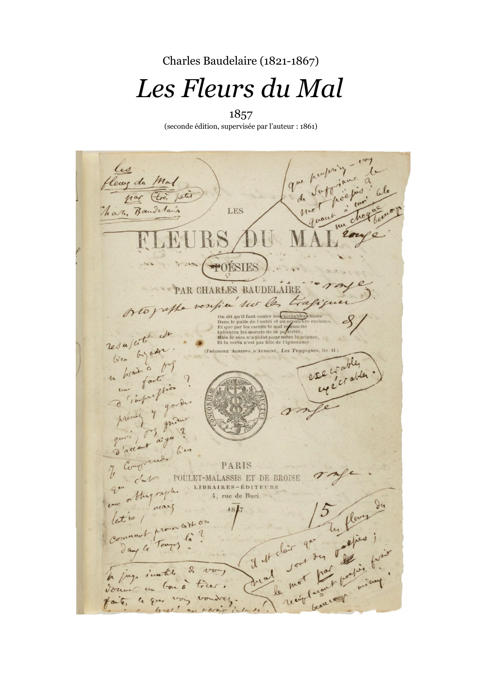 Prévisualisation du document Charles Baudelaire (1821-1867)  Les Fleurs du Mal 1857 (seconde édition, supervisée par l’auteur : 1861)