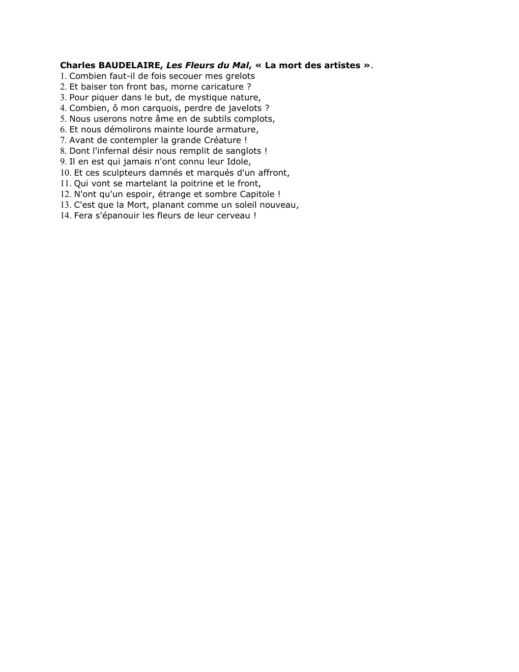 Prévisualisation du document Charles BAUDELAIRE, Les Fleurs du Mal, « La mort des artistes ».
1. Combien faut-il de fois secouer mes grelots...