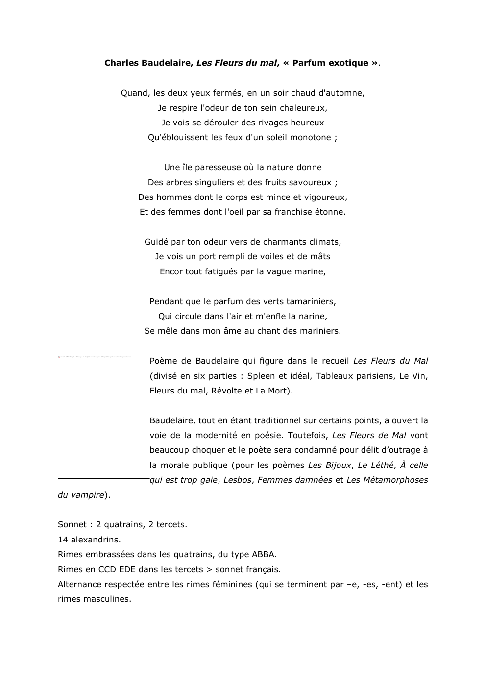 Prévisualisation du document Charles Baudelaire, Les Fleurs du mal, « Parfum exotique ».
Quand, les deux yeux fermés, en un soir chaud d'automne,...