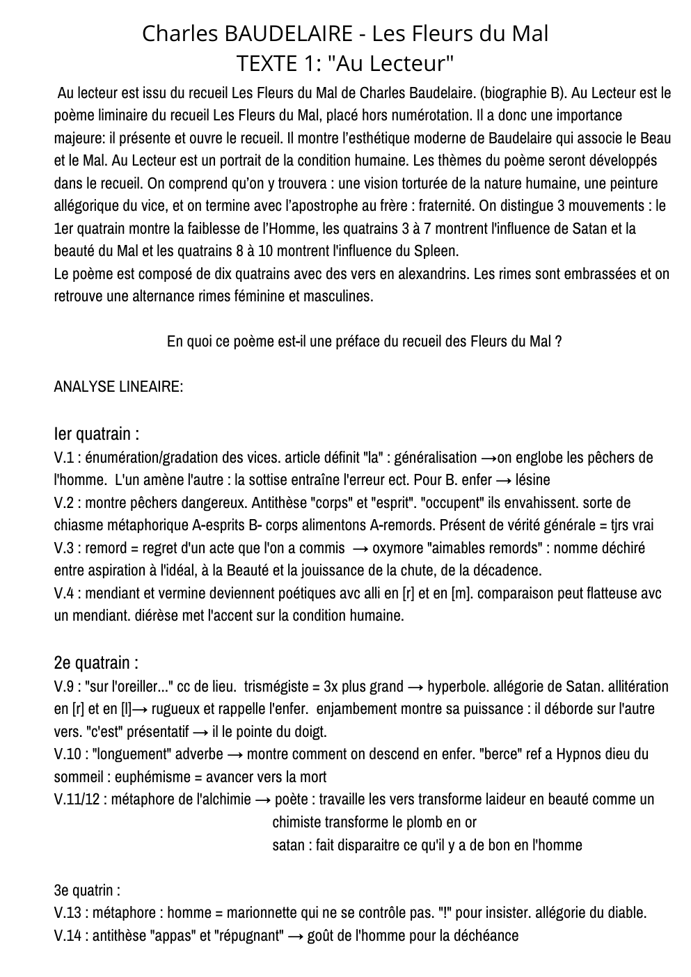 Prévisualisation du document Charles BAUDELAIRE - Les Fleurs du Mal TEXTE 1: "Au Lecteur"