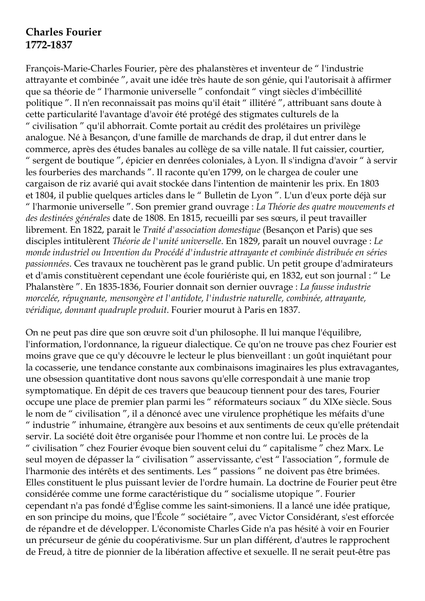Prévisualisation du document Charles Fourier1772-1837François-Marie-Charles Fourier, père des phalanstères et inventeur de "
