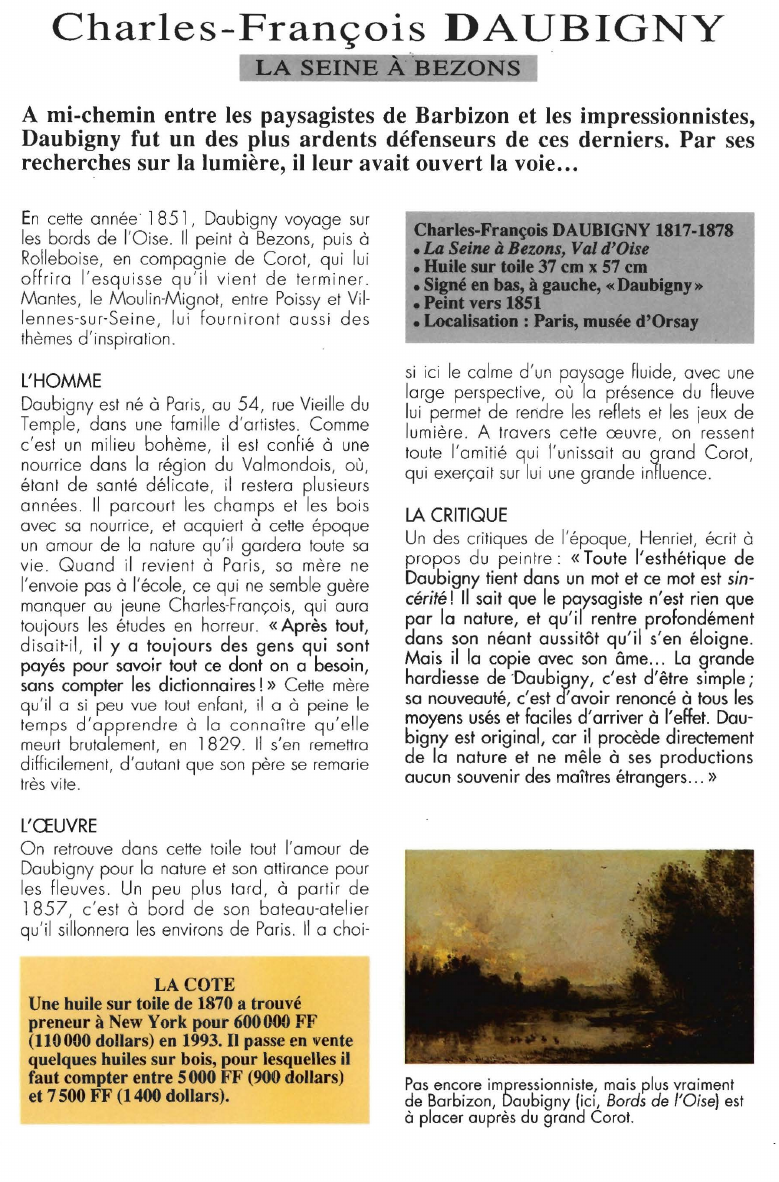 Prévisualisation du document Charles-François DAUBIGNYLA SEINE À BEZONSA mi-chemin entre les paysagistes de Barbizon et les impressionnistes, Daubigny fut un des plus ardents défenseurs de ces derniers.