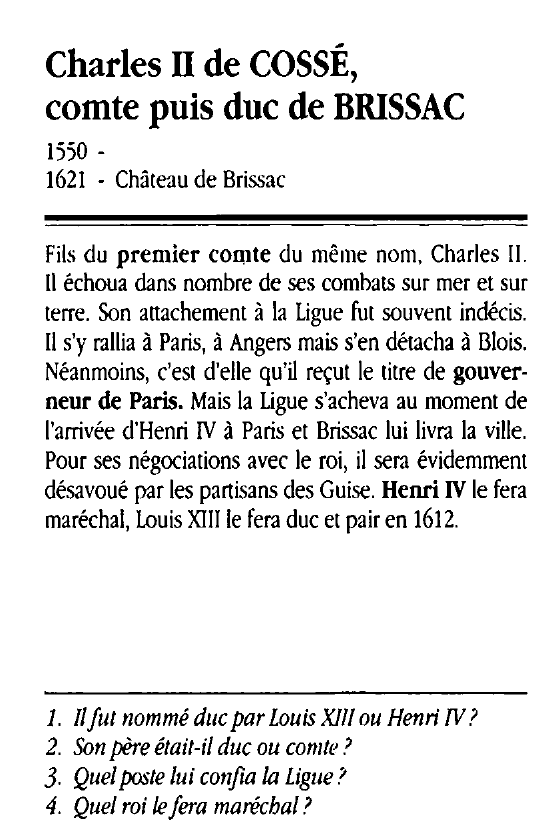 Prévisualisation du document Charles II de COSSÉ, comte puis duc de BRISSAC