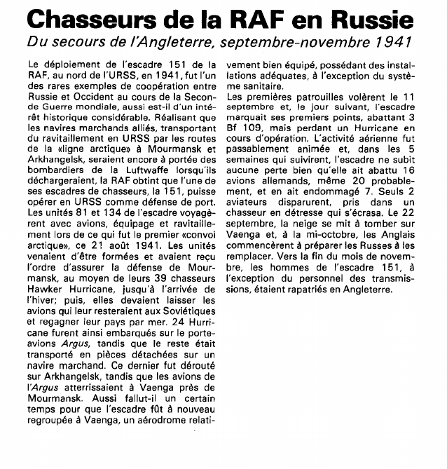 Prévisualisation du document Chasseurs de la RAF en Russie:Du secours de l'Angleterre, septembre-novembre 1941 (histoire).