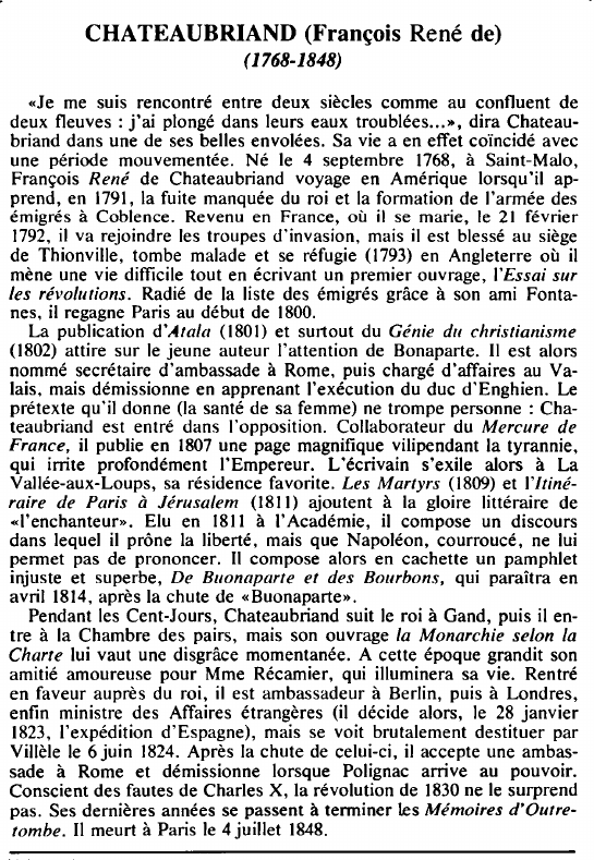 Prévisualisation du document CHATEAUBRIAND (François René de)(1768-1848) - BIOGRAPHIE.