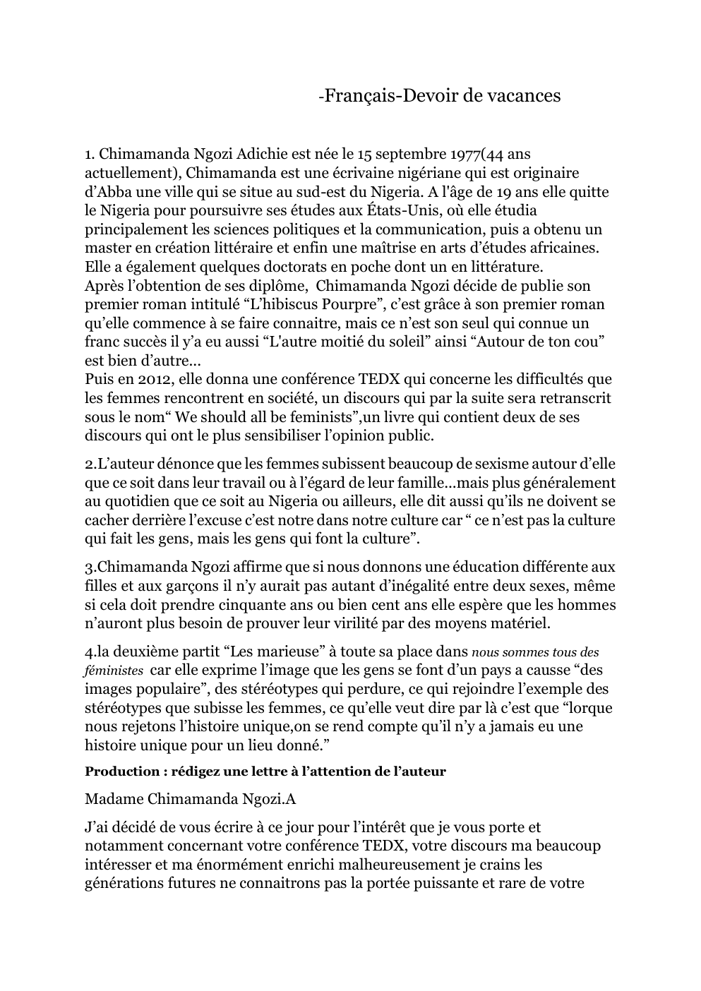 Prévisualisation du document Chimamanda Ngozi Adichie biographie + lettre rédiger