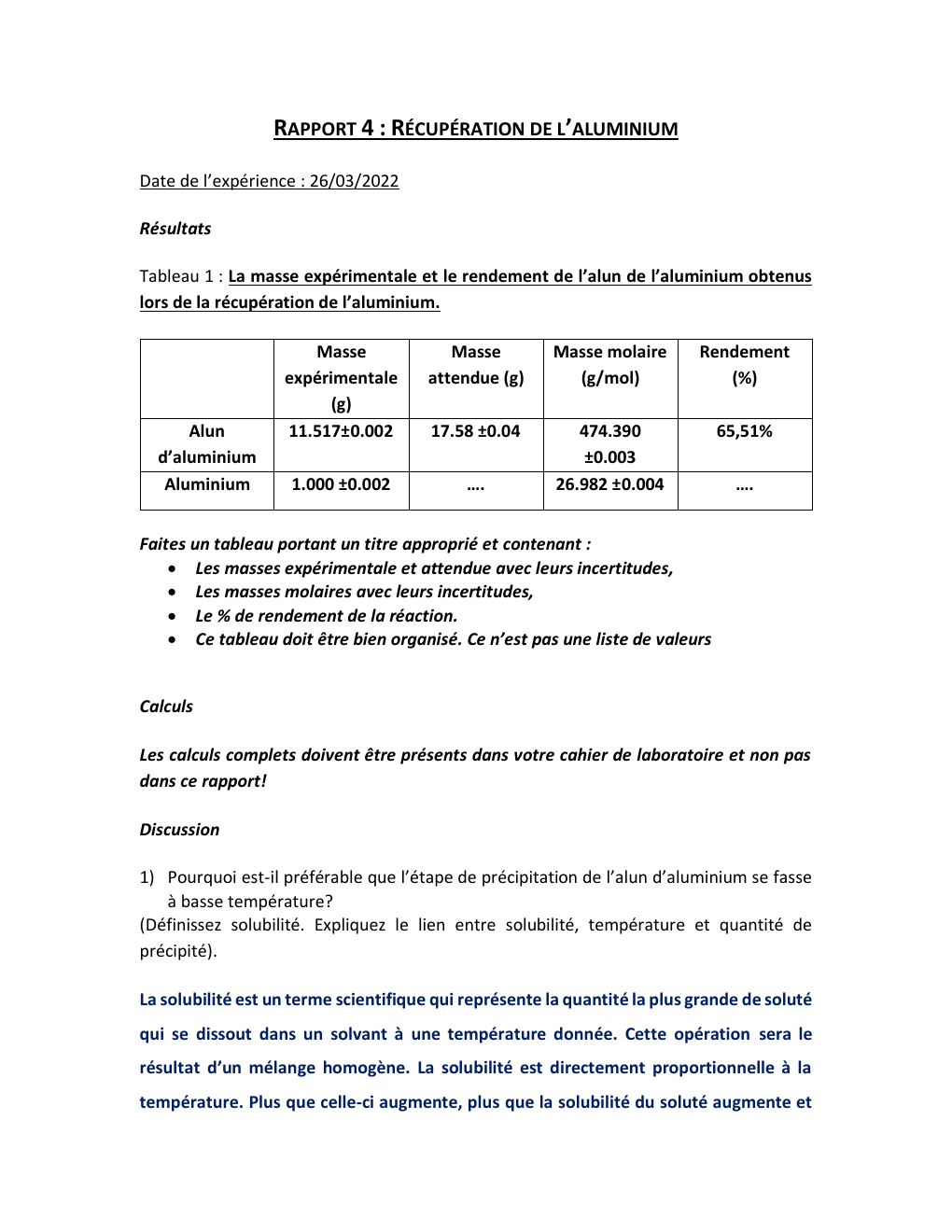 Prévisualisation du document Chimie: RAPPORT 4 : RÉCUPÉRATION DE L’ALUMINIUM