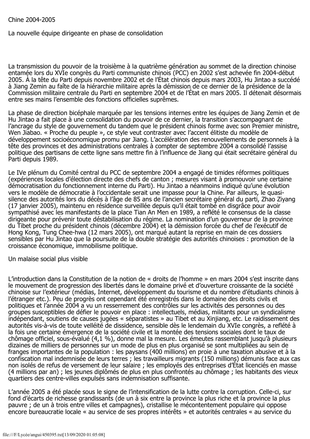 Prévisualisation du document Chine 2004-2005
La nouvelle équipe dirigeante en phase de consolidation

La transmission du pouvoir de la troisième à la quatrième...