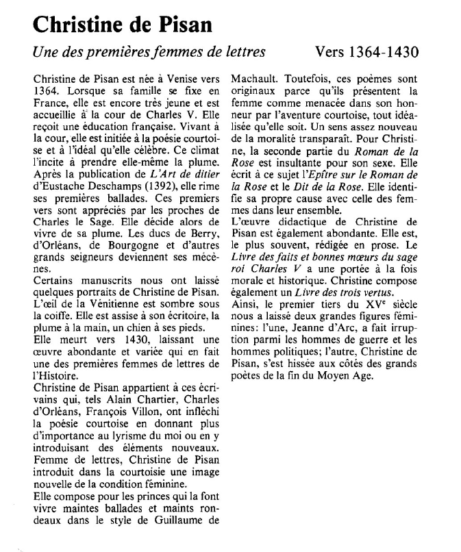 Prévisualisation du document Christine de Pisan:Une des premières femmes de lettres.