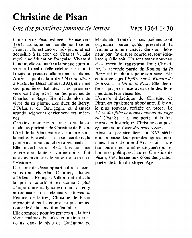 Prévisualisation du document Christine de PisanUne des premières femmes de lettres.