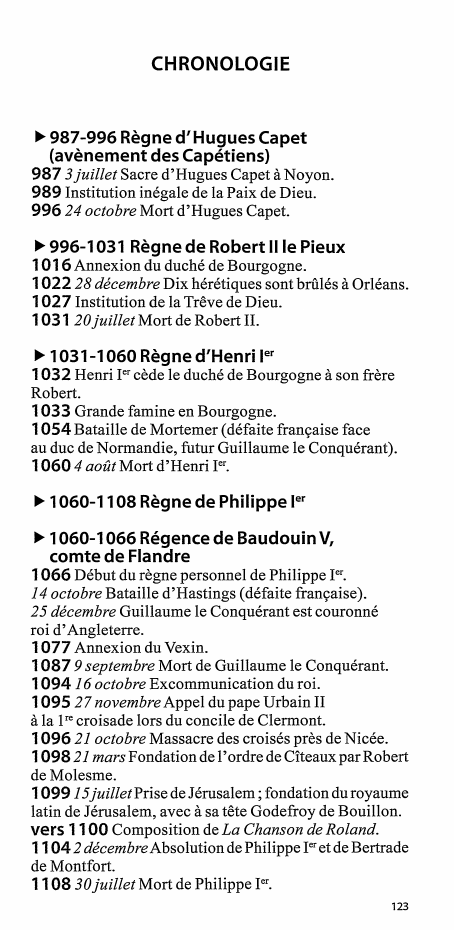 Prévisualisation du document CHRONOLOGIE

►

987-996 Règne d'Hugues Capet
{avènement des Capétiens)
987 3 juillet Sacre d'Hugues Capet à Noyon.
989 Institution inégale...