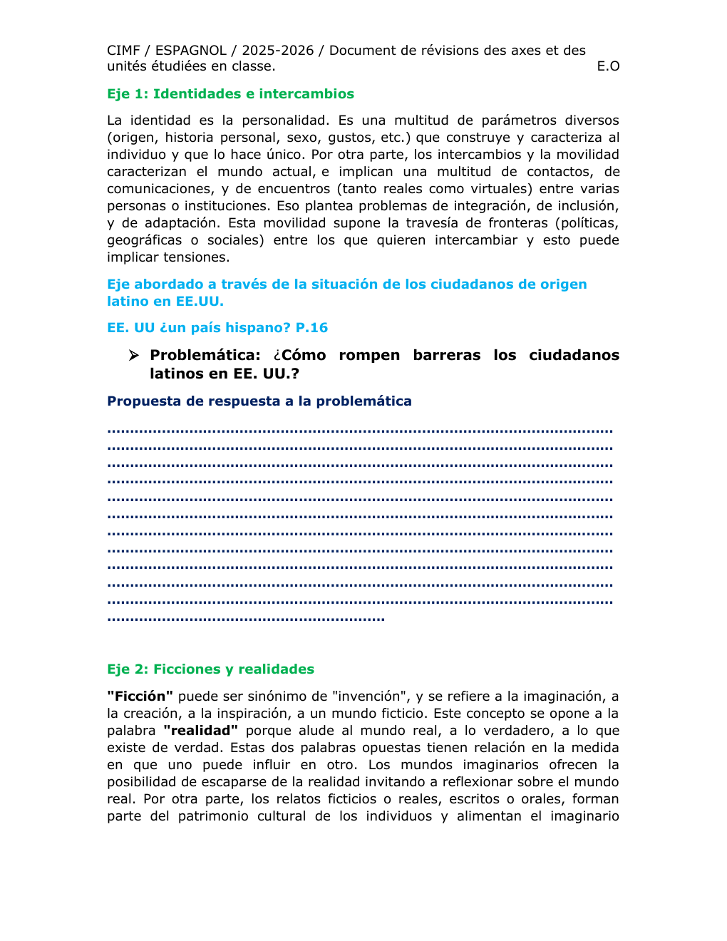 Prévisualisation du document CIMF / ESPAGNOL / 2025-2026 / Document de révisions des axes et des unités étudiées en classe.