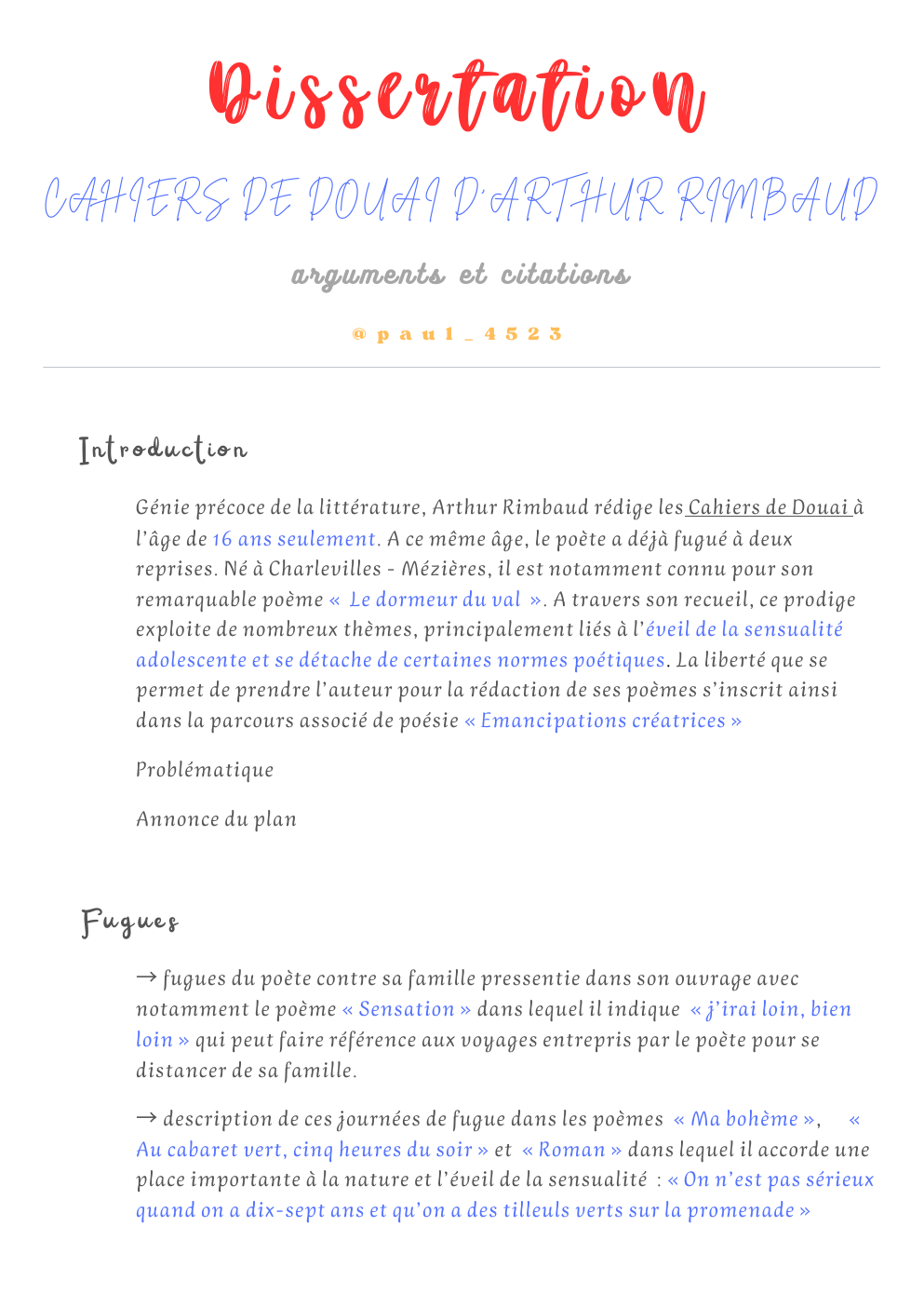 Prévisualisation du document Citations Cahiers de Douai d'Arthur Rimbaud - bac de français