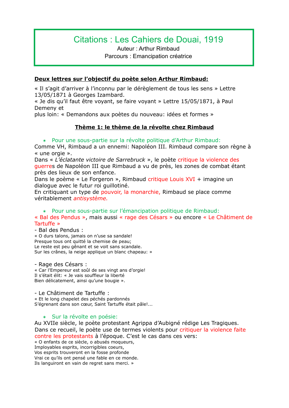 Prévisualisation du document Citations : Les Cahiers de Douai, 1919 Auteur : Arthur Rimbaud Parcours : Emancipation créatrice