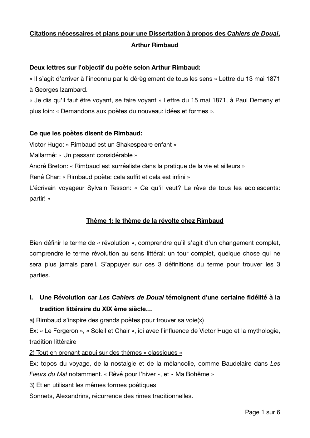 Prévisualisation du document Citations nécessaires et plans pour une Dissertation à propos des Cahiers de Douai, Arthur Rimbaud