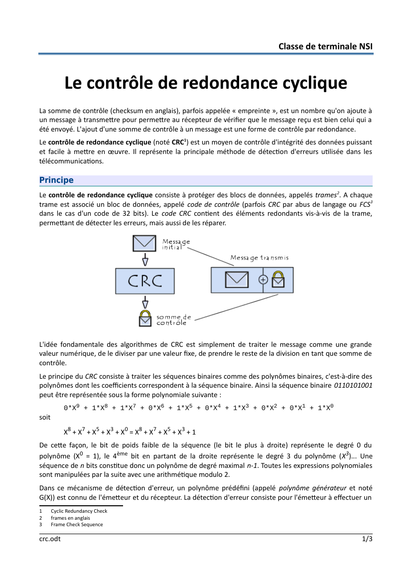 Prévisualisation du document Classe de terminale NSI Le contrôle de redondance cyclique La somme de contrôle