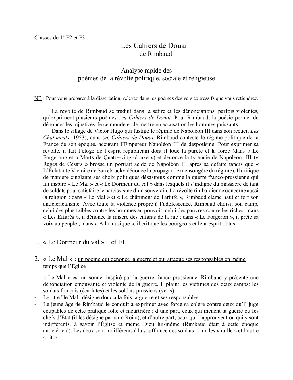 Prévisualisation du document Classes de 1e F2 et F3  Les Cahiers de Douai de Rimbaud